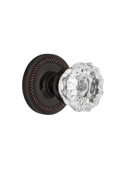 Rope Rosette Mortise Lock Set With Fluted Crystal Door Knobs in Timeless Bronze.